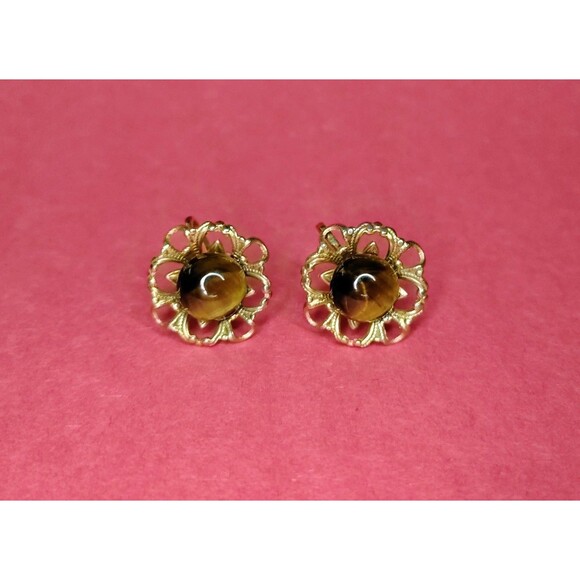 Vintage Tigers Eye Cabochon Flower Earrings Gold Tone Filigree Screw Back Glass - Picture 6 of 10